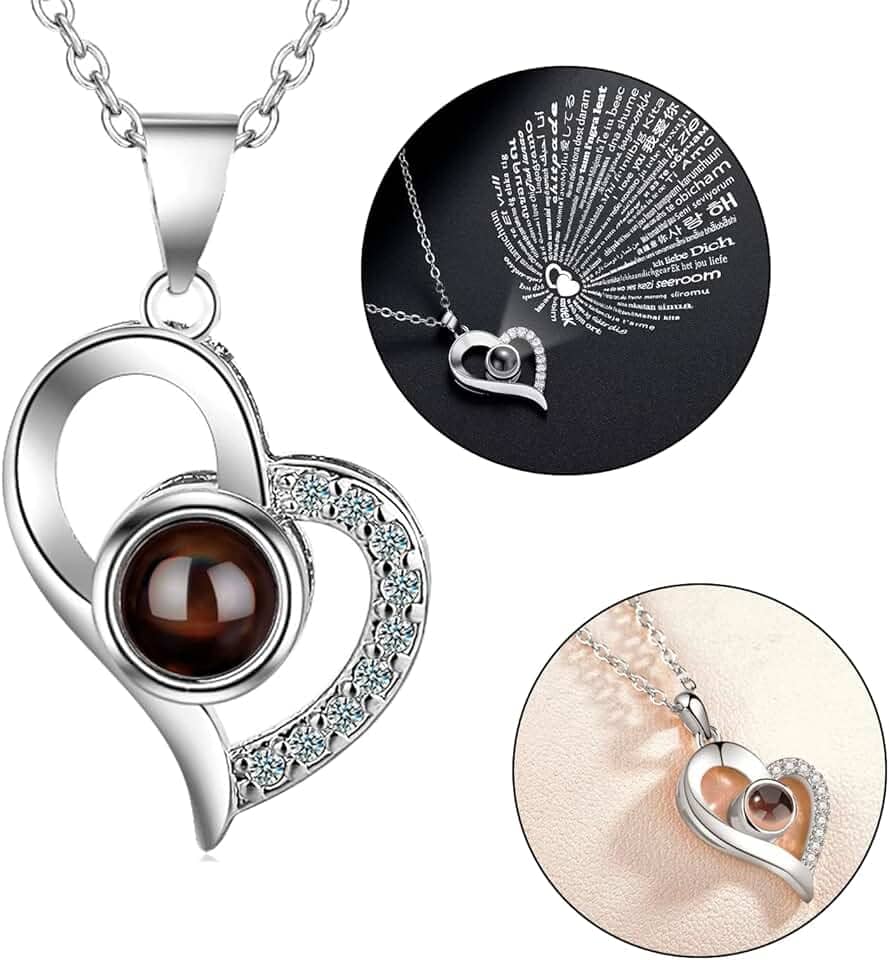 Colar De Coração Eu Te Amo Projeção 100 Idiomas Línguas Refletor Prata Presente Dia dos Namorados Declaração Amor Romântico Exclusivo