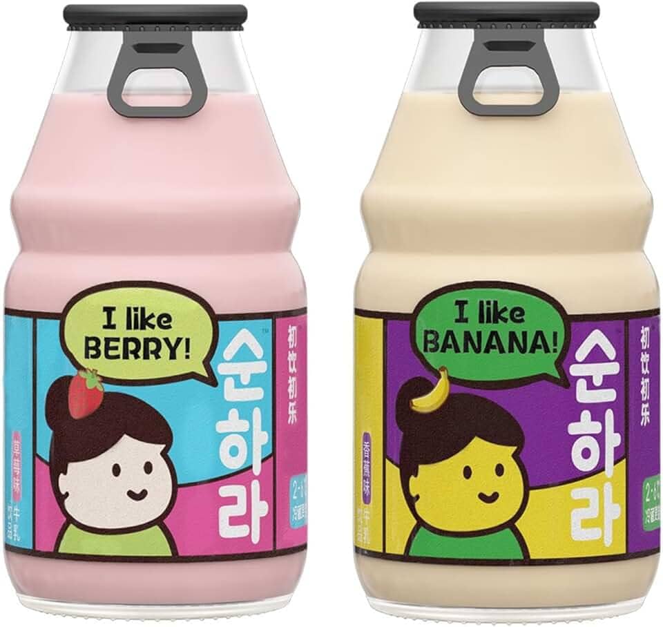 Bebida Leite de Banana ou Morango 230ml Vidro | Bebida Láctea Cremosa | Importada | Sabor Delicioso | Mimos Korea (Kit com 2 (morango e banana))