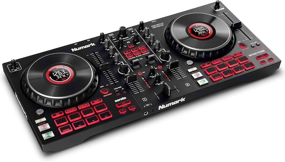Numark Mixtrack Platinum FX - Controlador DJ para Serato DJ com Controle de 4 Decks, Mixer DJ, Interface de Áudio Integrada, Displays nos Jog Wheels e Paddle FX