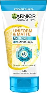 Garnier Uniform & Matte, Sabonete Facial 3 em 1 Antiacne, Tratamento com Ácido Salicílico e Vitamina C para Pele Oleosa, Ação Antioleosidade e Antimarcas, 120g