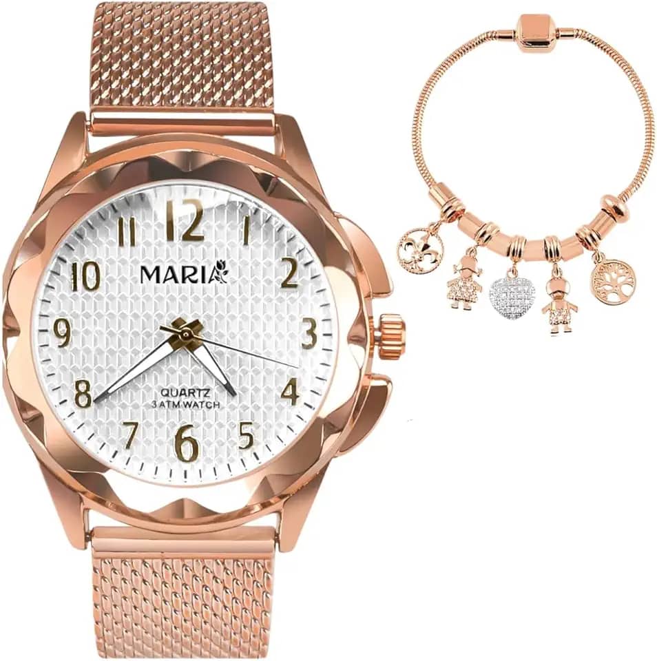 Relógio Feminino Aço Inox a Prova d'Agua com Pulseira Berloque Sofisticada Presente Maravilhoso Mulher