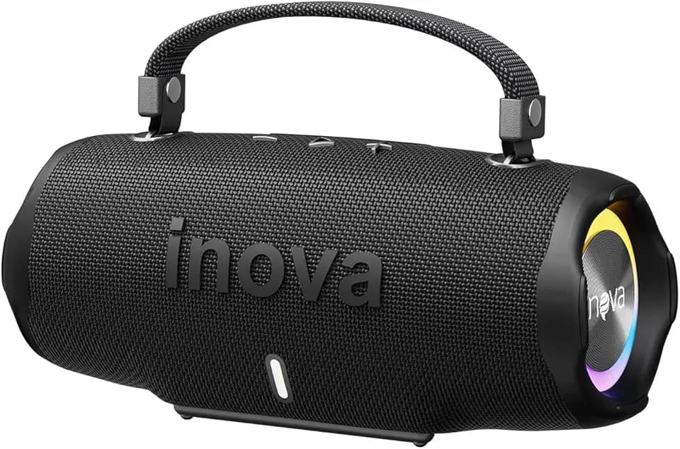 INAVA Caixa de Som Bluetooth 5.4 com Música 12 Horas por Dia - Som Estéreo Explosivo, Luzes RGB Coloridas, Impermeável IPX6 - Sua Companheira Perfeita para Praia, Acampamento e Festas (Preto)
