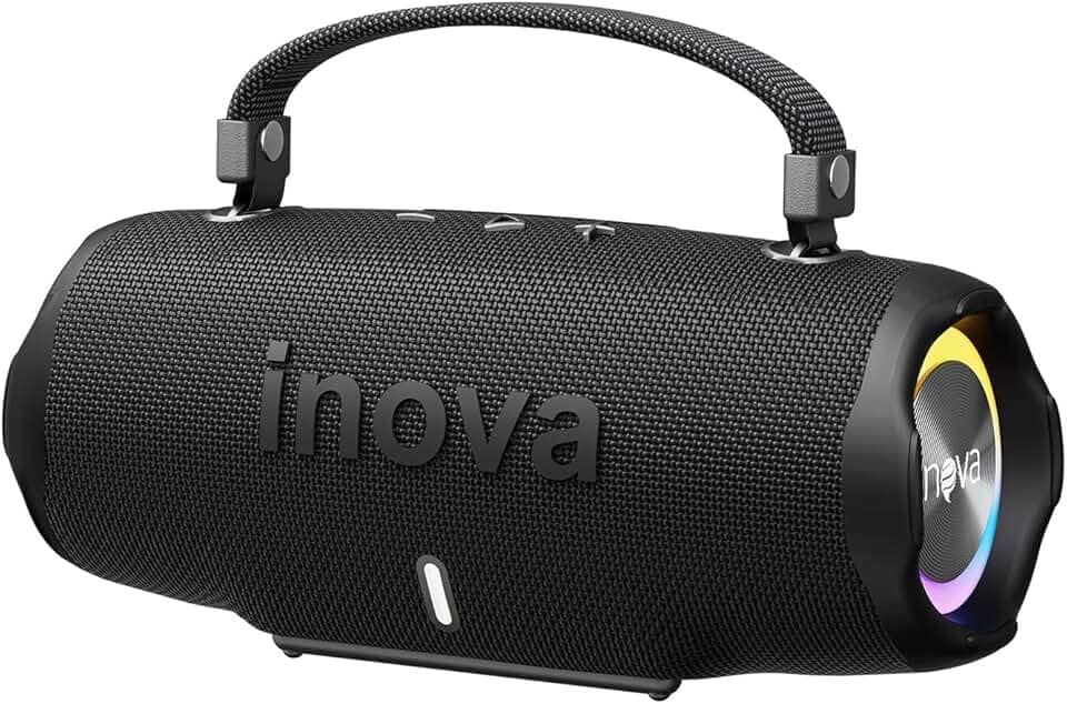 INAVA Caixa de Som Bluetooth 5.4 com Música 12 Horas por Dia - Som Estéreo Explosivo, Luzes RGB Coloridas, Impermeável IPX6 - Sua Companheira Perfeita para Praia, Acampamento e Festas (Preto)