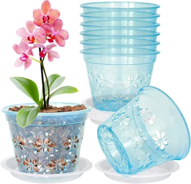 Pote de orquídea, pacote com 8 potes de orquídea com furos e pires, vaso de plástico transparente para repotting, vasos de ventilação respirável para orquídeas Phalaenopsis, Dendrobium e Oncidium