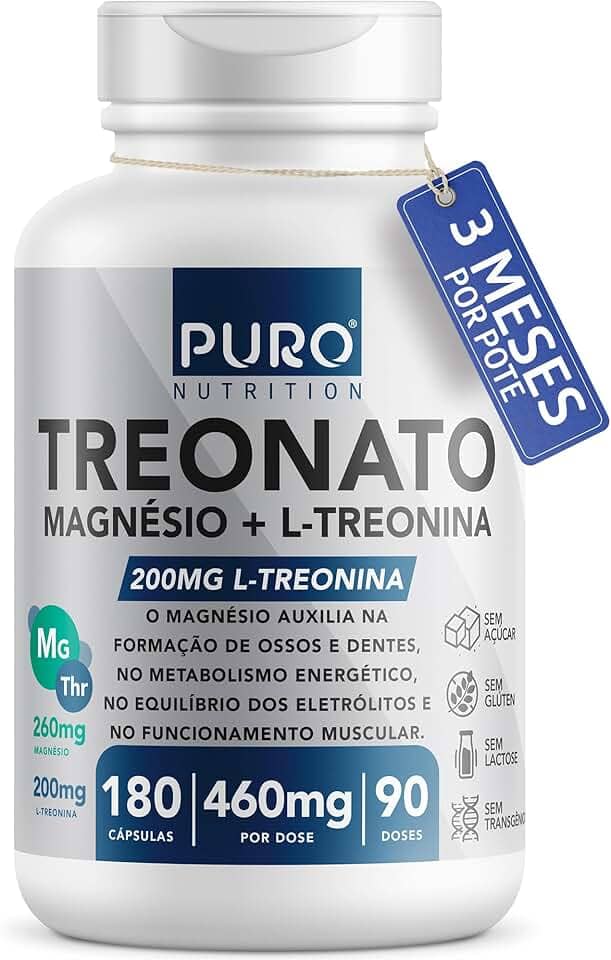 Magnésio L-Treonato Puro Nutrition + Quelato, Alto Teor de Magnésio por Porção, 180 Cápsulas