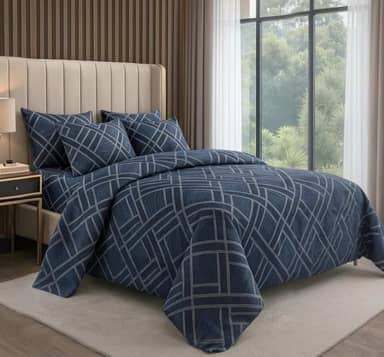 Jogo de Lençol de Cama Casal Queen, 4 Peças, 100% Algodão, 2500 Fios, Estampado Importado (Azul Chevron)