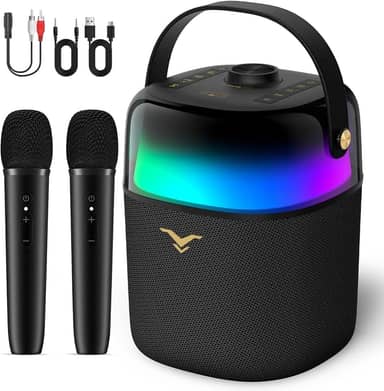 Caixa de som Bluetooth, caxinha de som portátil 80 W com imersivo graves/agudos, máquina karaoke com dois microfones sem fio, iluminação LED de 360° para casa, ambientes externos, festa, com rádio FM