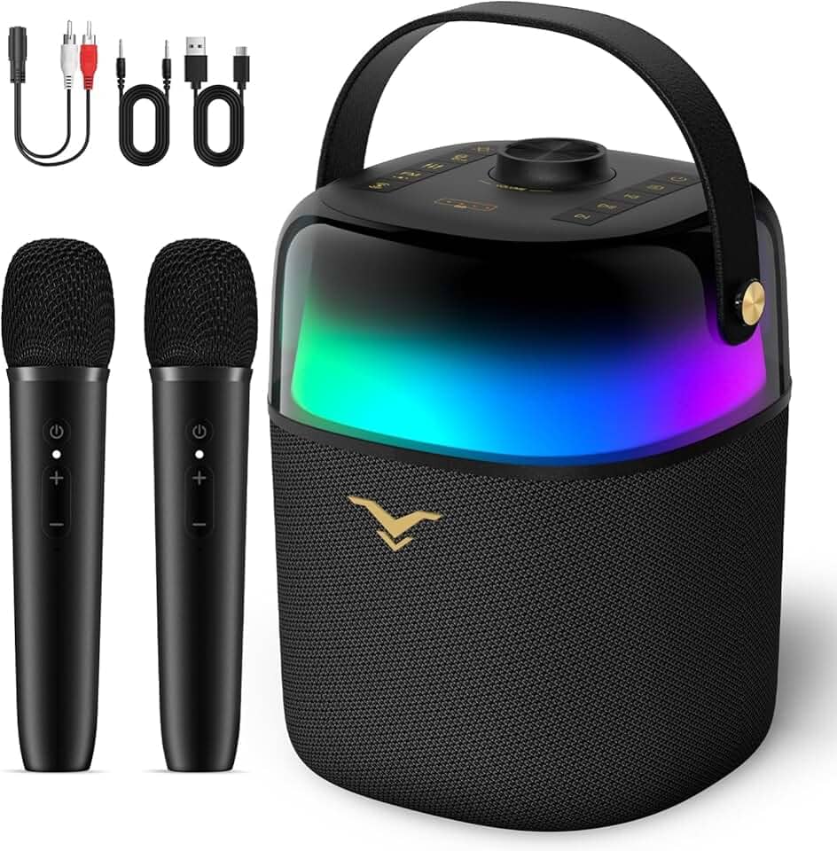 Caixa de som Bluetooth, caxinha de som portátil 80 W com imersivo graves/agudos, máquina karaoke com dois microfones sem fio, iluminação LED de 360° para casa, ambientes externos, festa, com rádio FM