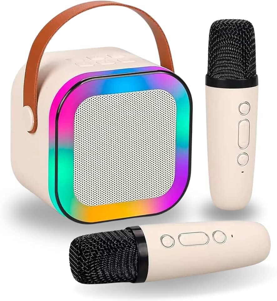Karaoke Infantil Portátil com 2 Microfones Recarregável e Modos de Voz Divertidos - Diversão Musical para Crianças! (Bege)