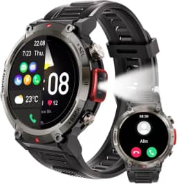Smartwatch militar masculino com lanterna LED Smartwatch à prova d'água 3ATM robusto de 1,45 pol. com Faz e Recebe Ligações, Modos Esportivos e Recebimento de Notificações