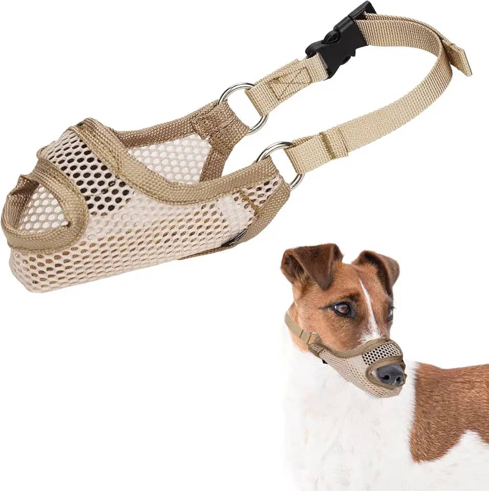 Focinheira para cães de tamanho pequeno, focinheira PP macia antimordida com design de abertura frontal respirável para parar de mastigar guarda para cães presente de animal de estimação (Cáqui)