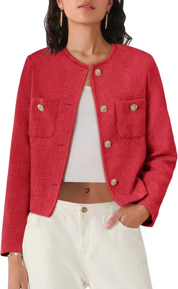 Blazer feminino tweed de manga comprida com botões e bolsos
