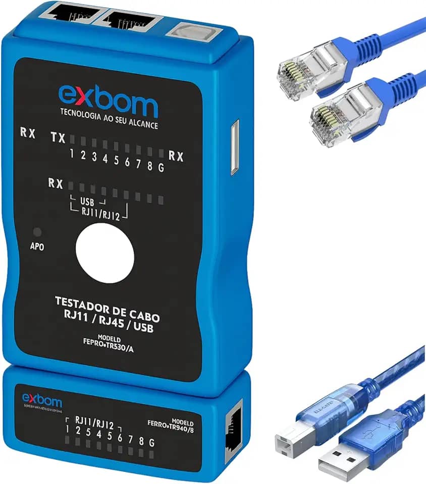 Testador de Cabo RJ45 RJ11 USB | Rede e Impressora | LED Sequencial | Exbom FEPRO-TR230