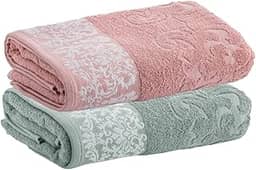 Kit Jogo Toalhas Banho, 2 Peças, Medalhão, Corttex, Algodão, Jacquard, Alta Absorção, 450g/m² - Altihaus (Verde/Rosa)