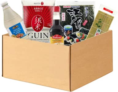 Kit Genérico de Sushi Oriental para Preparo - Esteira de Bambu, Alga, Arroz, Shoyu e Vinagre