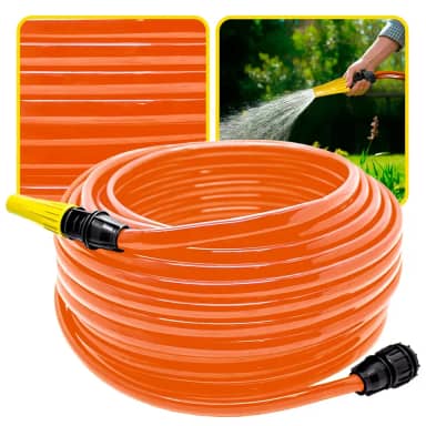 Mangueira de Jardim Antitorção com Parede Reforçada e Esguicho e União Adaptador de Torneiras Acoplados (Mangueira Laranja, 30 metros)