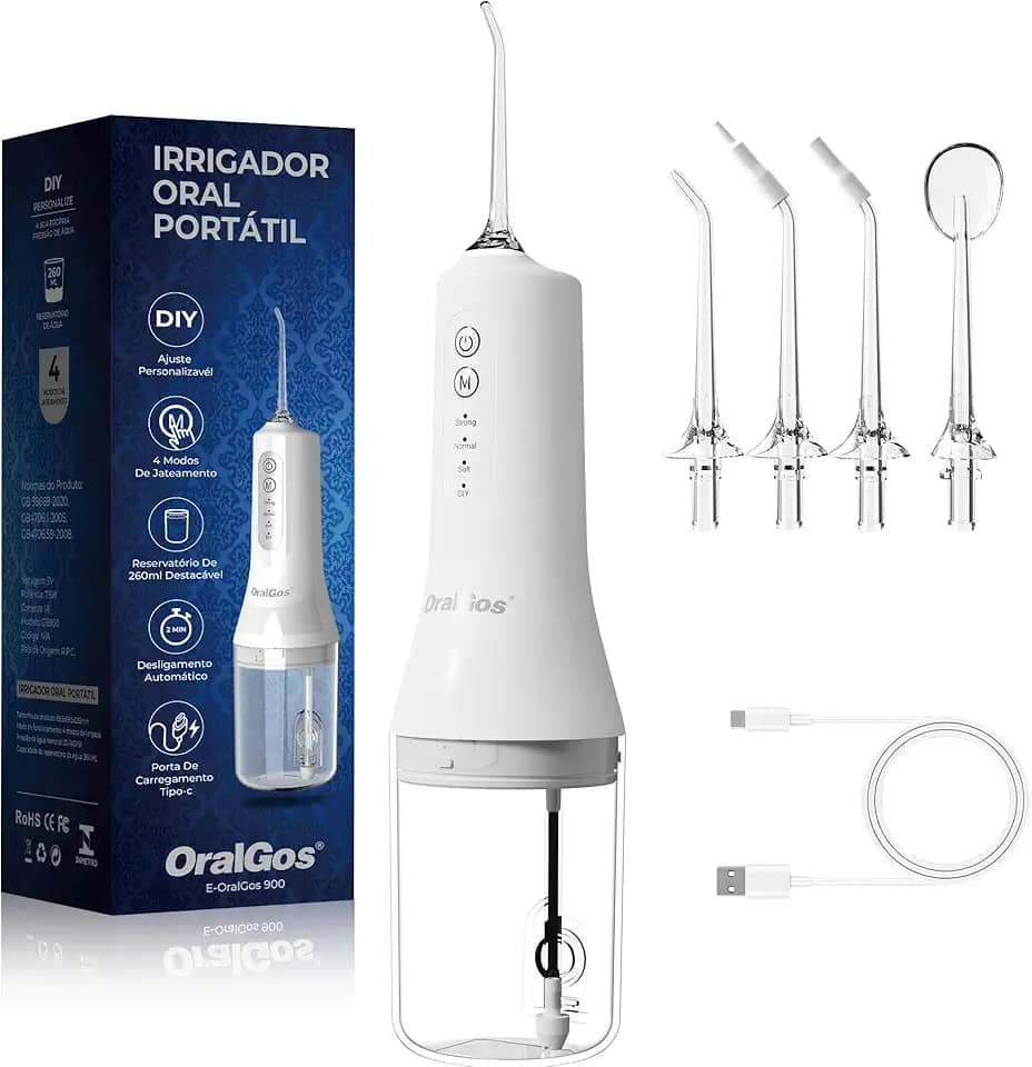 Irrigador Dental Portatil 260ML, 4 Modos de Jato, 4 Bicos, Limpeza Profunda dos Dentes e Gengivas, Elétrico, Recarregável, À Prova d’Água IPX7 (Branco)