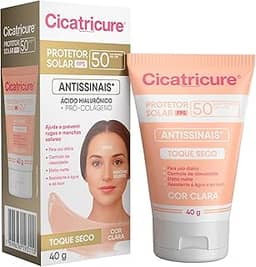 Cicatricure Protetor Solar Facial FPS 50 Antissinais Toque Seco Cor Clara, Previne Rugas e Manchas, Ultra Proteção UVA UVB, Ácido Hialurônico para Pele Oleosa, 40 ml