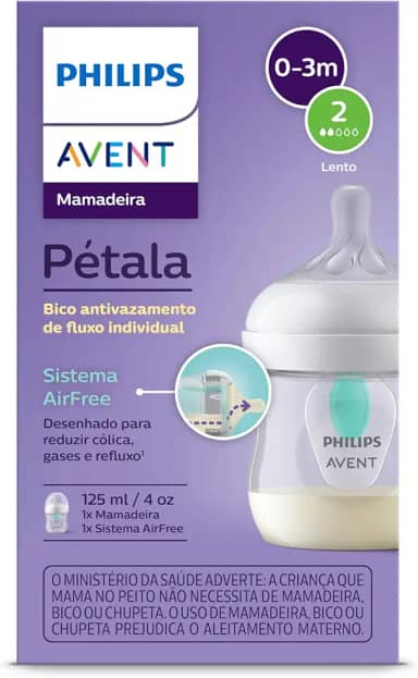 Mamadeira Pétala 3.0 com AirFree Vent Philips Avent 4 oz/125 ml, com bico de fluxo lento (Fluxo 2), SCY670/01