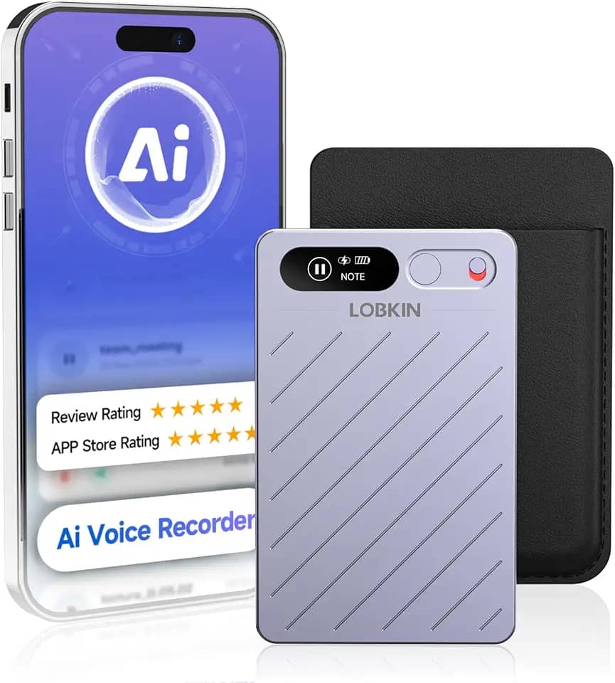 LOBKIN Gravador de Voz com IA, Gravador de Voz Digital de 64 GB com Estojo, Controle por Aplicativo, Transcrição e Resumo com IA, Suporta 152 Idiomas para Conferências, Chamadas e Trabalho