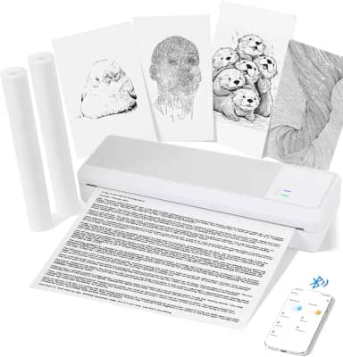 Impressora térmica portátil, impressora móvel Bluetooth sem tinta para telefone e laptop, impressora de viagem compacta sem fio para documentos e recibos A4, com bateria de 2000 mAh (2 rolos de papel