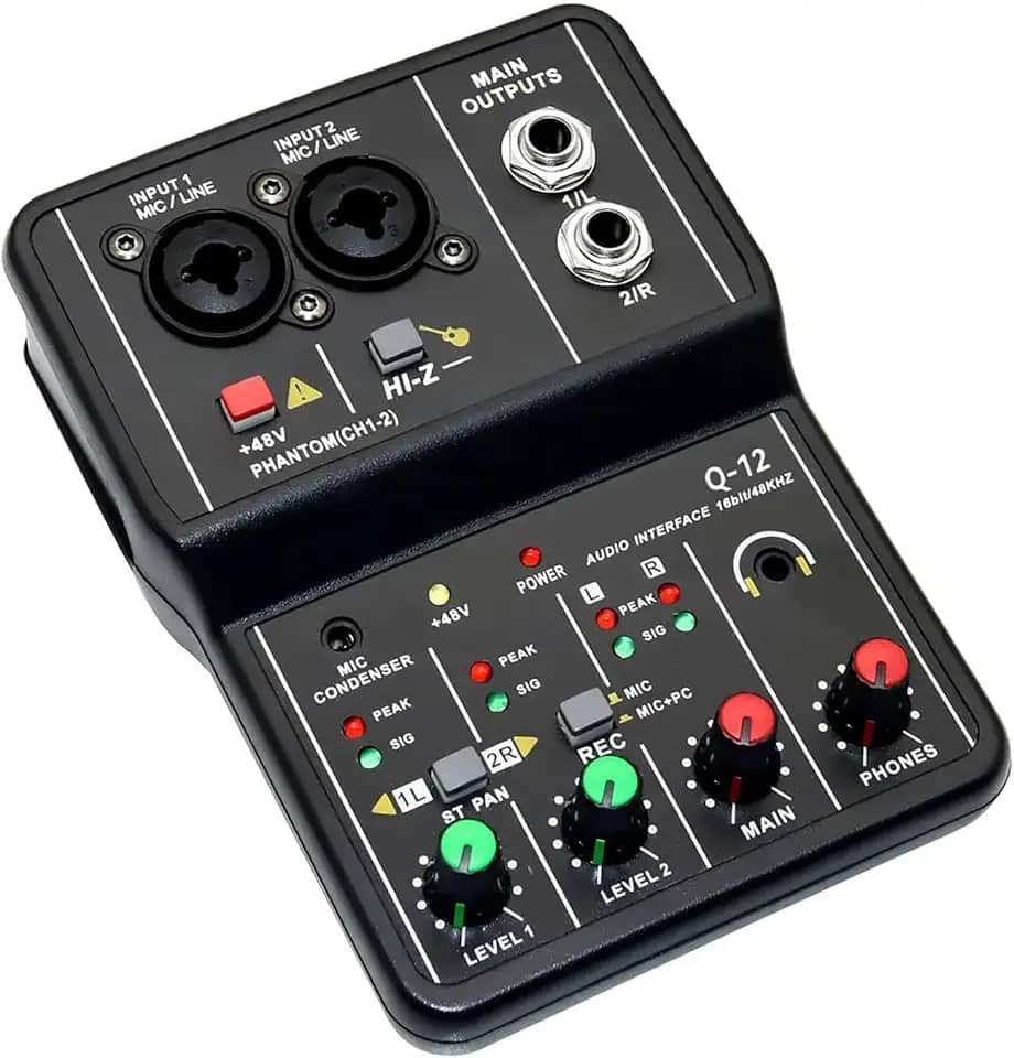 Q-12 Interface de audio,placa de som profissional de canal USB 2.0 DC 5V de alta velocidade, função de monitor para estúdio/gravação musical/jogos/Equipamentos para Gravação Musical