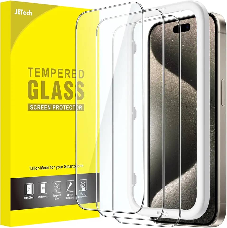 JETech Película de Vidro Temperado para iPhone 15 Pro Max 6,7 Polegadas, Protetor de Tela com Ferramenta, Compatível com Capa, HD Claro, Pacote de 3 Unidades