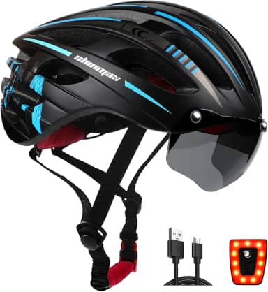 Capacete de bicicleta Shinmax para homens/mulheres, capacete de bicicleta adulto certificado CPSC & CE com luz de carregamento USB e óculos magnéticos destacáveis para viseira e bolsa de transporte com capacete de proteção UV para ciclismo, BlackBlueTitanium