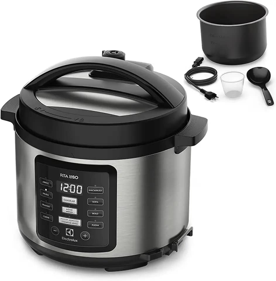 Panela pressão elétrica Electrolux digital capacidade 5L silenciosa segura 10 travas segurança 9 receitas pré-programadas PCC15 inox preto 127v por Rita Lobo