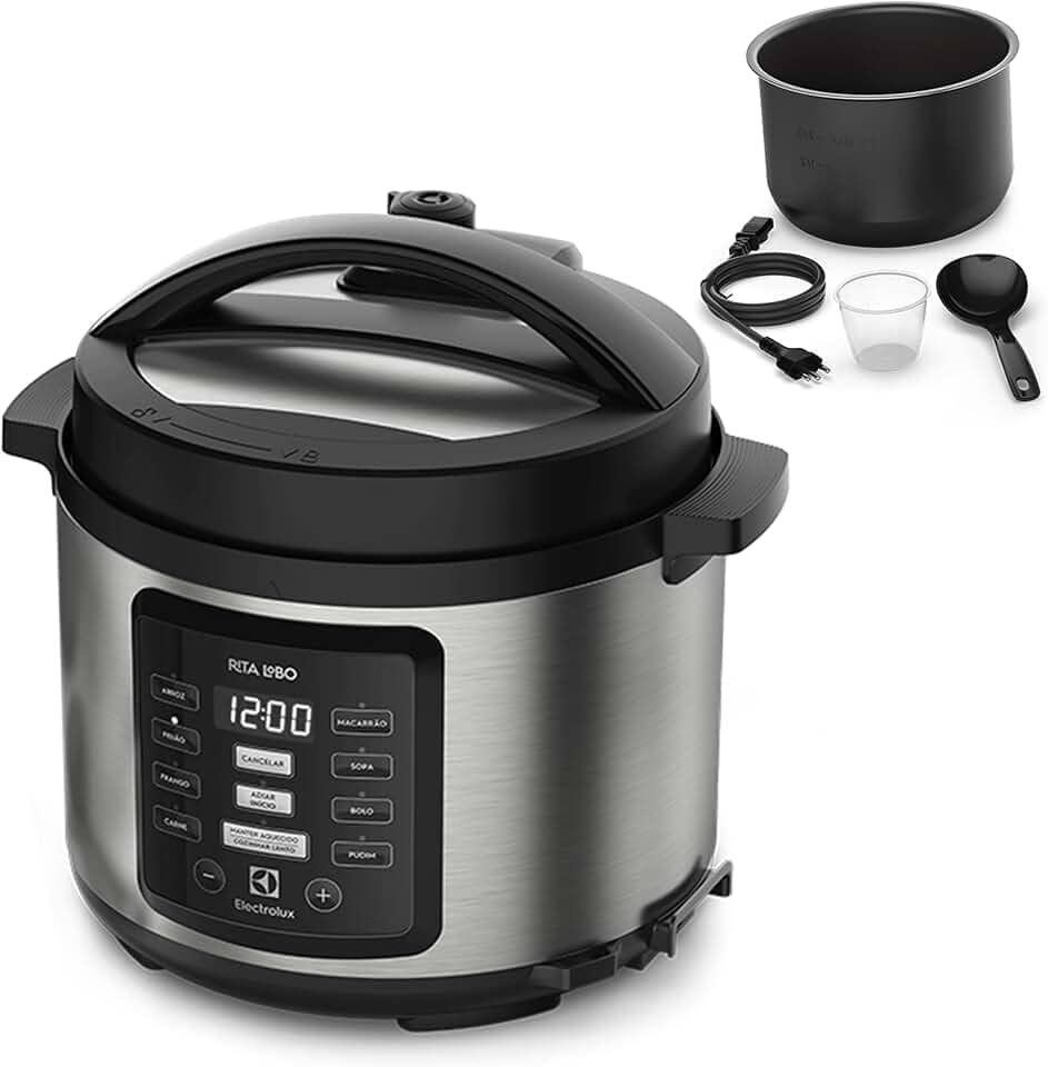 Panela pressão elétrica Electrolux digital capacidade 5L silenciosa segura 10 travas segurança 9 receitas pré-programadas PCC15 inox preto 127v por Rita Lobo
