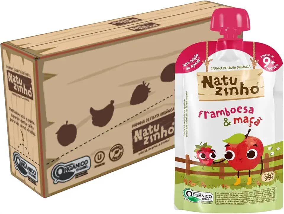 Natuzinho, Papinha Orgânica para Bebê, Sabor Framboesa e Maçã, Sem Açúcar, Aditivos ou Conservantes, Estimula o Paladar, 99g