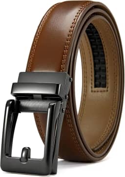 Cinto masculino de couro com catraca CHAOREN, pacote com 2 com fivela de clique 3,5 cm em caixa de presente, acabamento ajustável para ajuste