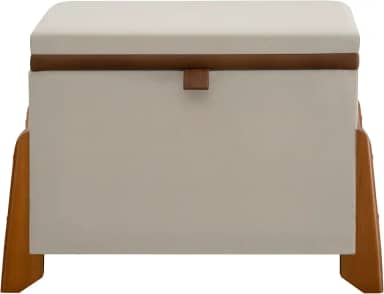 Puff Baú Bege com Pés de Madeira Versátil e Chic