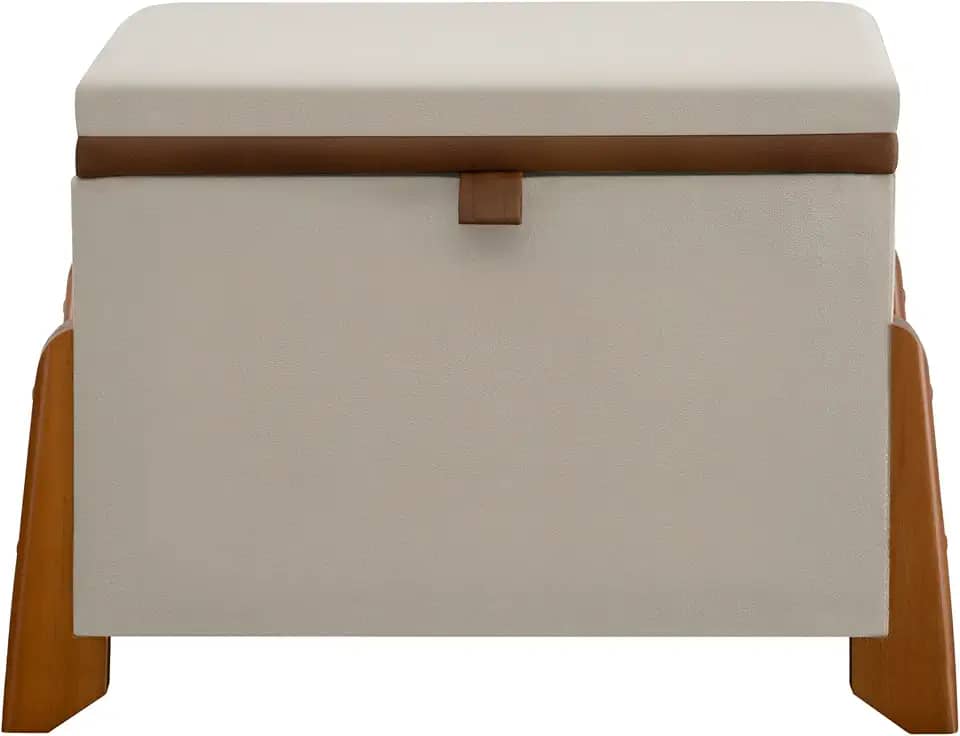 Puff Baú Bege com Pés de Madeira Versátil e Chic