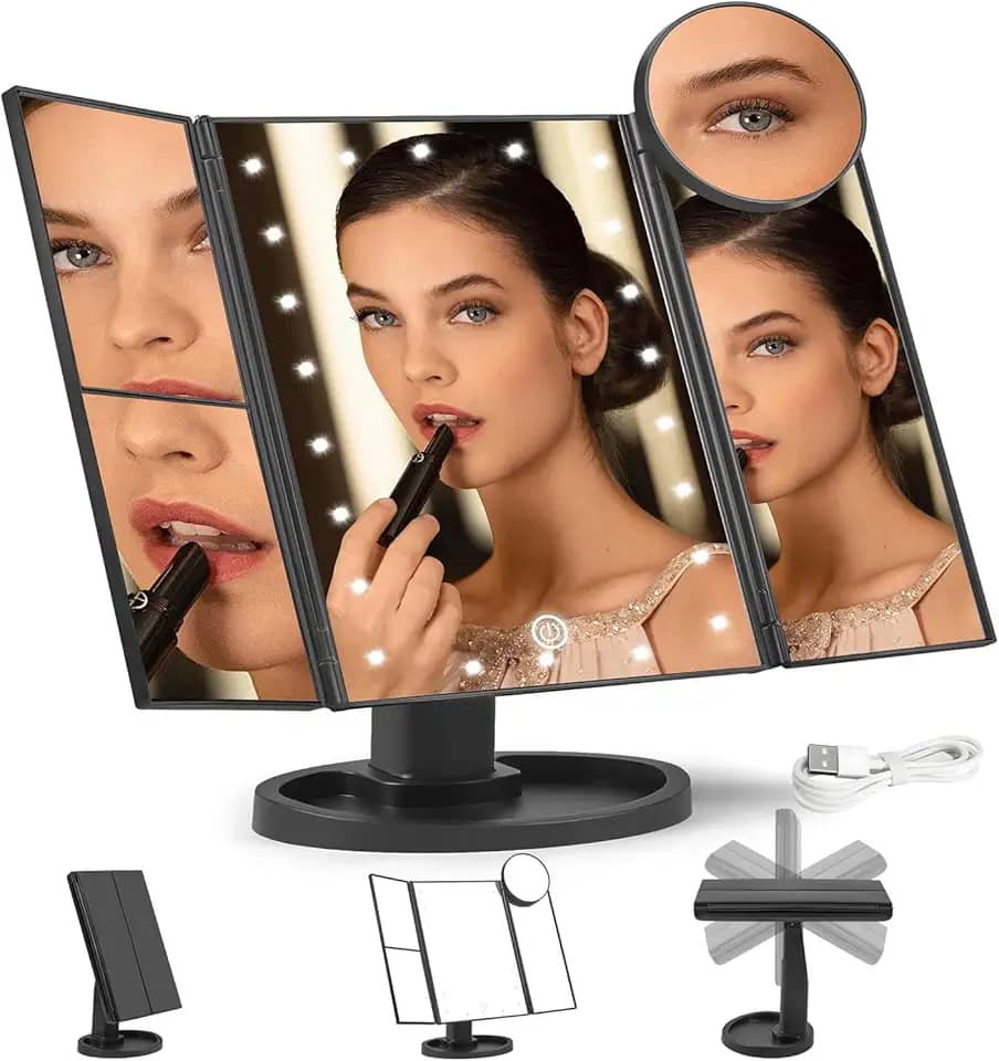 Espelho de Maquiagem com Luzes LED, Espelho de Mesa com Led, Espelho de Mesa com Led, 2 x 3 x 10x Espelho de Maquiagem Dobrável com Cabo USB