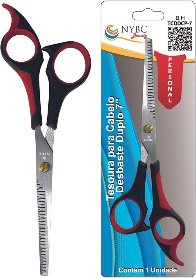 NYBC Beauty Tesoura Profissional para Desbaste Duplo, 7" Polegadas, Cabo Vermelho e Preto, Leve e Eficiente, Para Uso Doméstico e Profissional