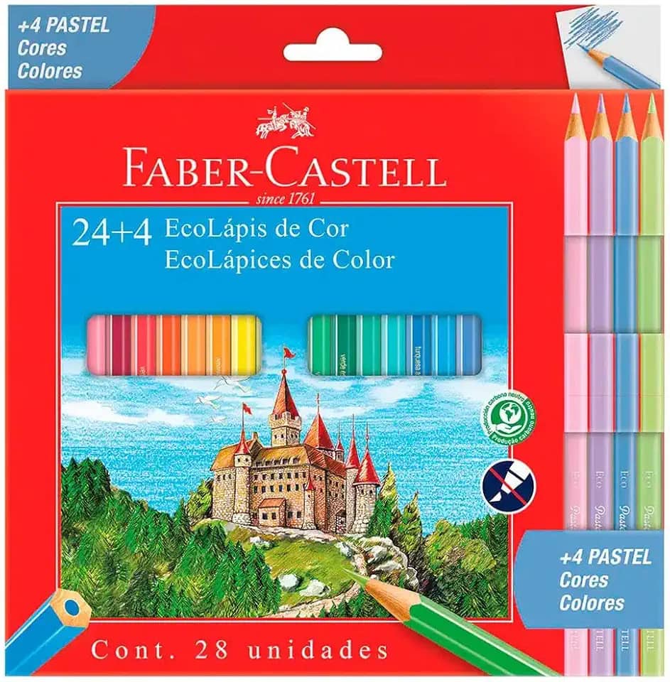 Ecolapis de cor, Faber-Castell, 120124+4P, Com + 4 pastel, estojo com 24 cores, Multicor