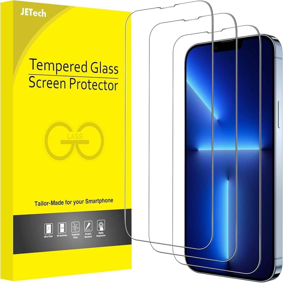 JETech Película de Vidro Temperado de Cobertura Total para iPhone 13 Pro Max 6,7 Polegadas, 9H Protetor de Tela Caso-Amigável, HD Transparente, Pacote com 3