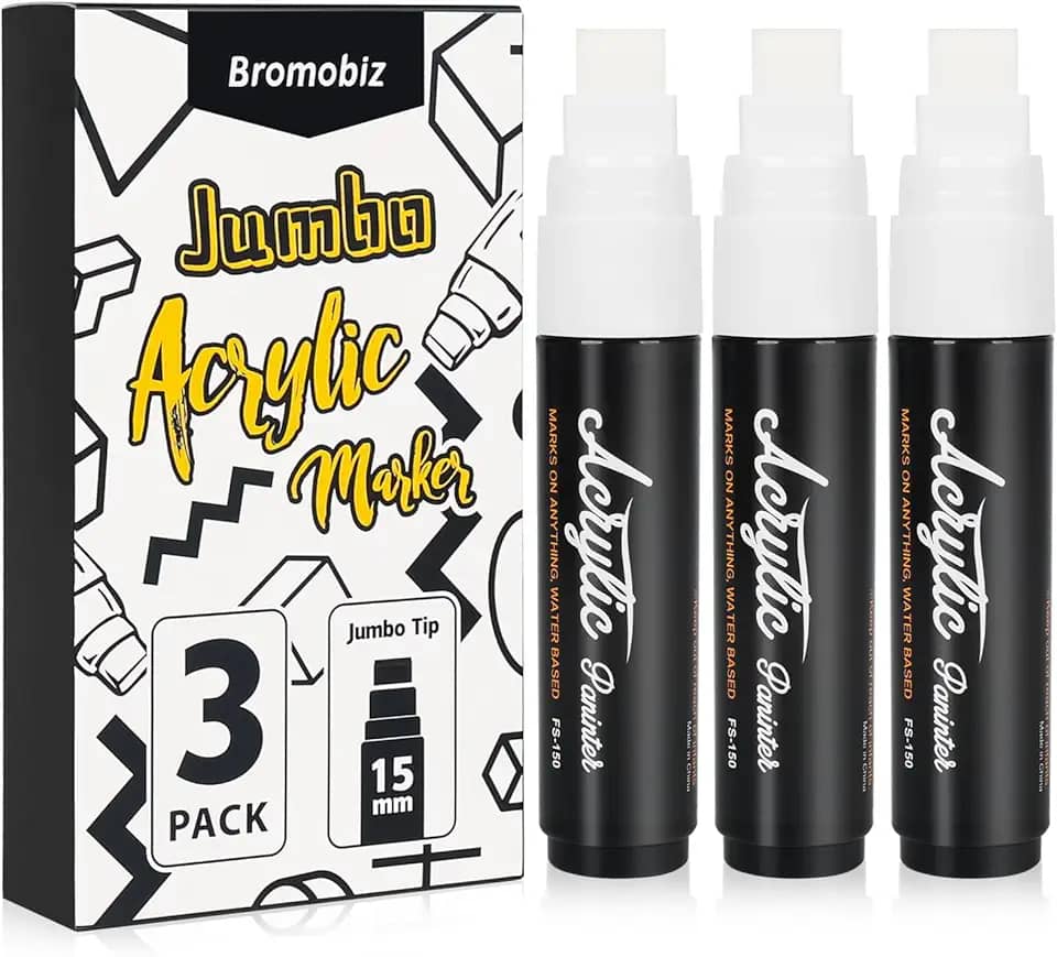 3 marcadores de pôster jumbo brancos, ponta de feltro grossa de 15 mm de largura, marcadores grandes de tinta acrílica para pintura em madeira, pedras, parede, plástico e metal, perfeitos