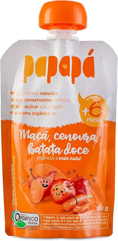 Papapá, Papinha Orgânica de Frutas, Sabor Maçã, Cenoura e Batata Doce, 100g, Sem Açúcar Adicionado, Ingredientes Naturais