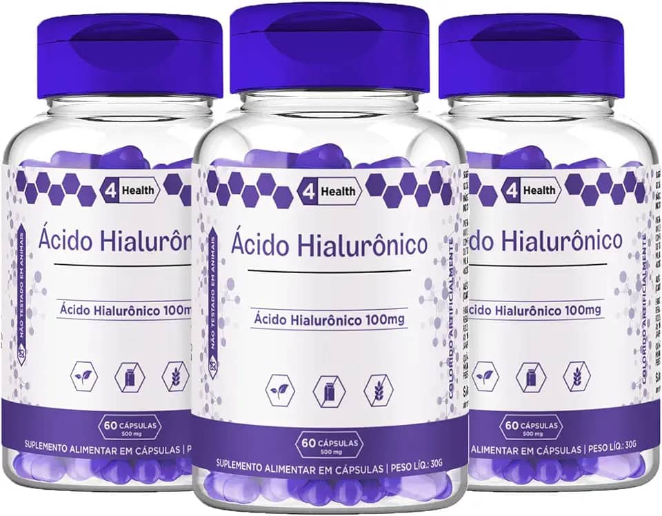 Acido Hialuronico 100mg 60 capsulas - 4 Health - Tecnologia Americana - Kit 3 POTES