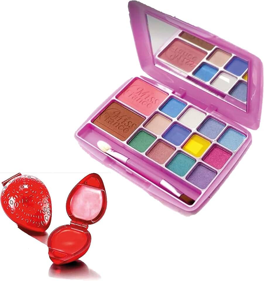 Maquiagem Infantil, Paleta de Sombras e Brilho Labial Batom Morango, Presente Para Crianças, Maquiagem Juvenil, Modelo Rosa