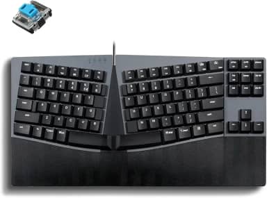 Perixx PERIBOARD-335BL Teclado compacto mecânico ergonômico com fio - Interruptores de clique azuis de baixo perfil - Recurso programável com teclas macro - Compatível com Windows e Mac OS X - Inglês