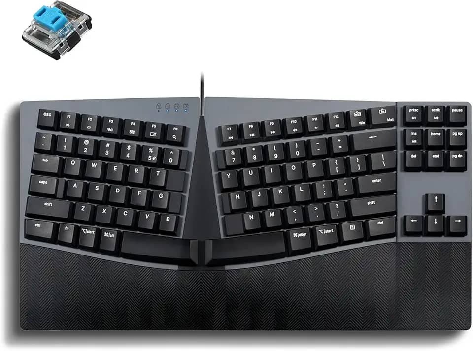 Perixx PERIBOARD-335BL Teclado compacto mecânico ergonômico com fio - Interruptores de clique azuis de baixo perfil - Recurso programável com teclas macro - Compatível com Windows e Mac OS X - Inglês