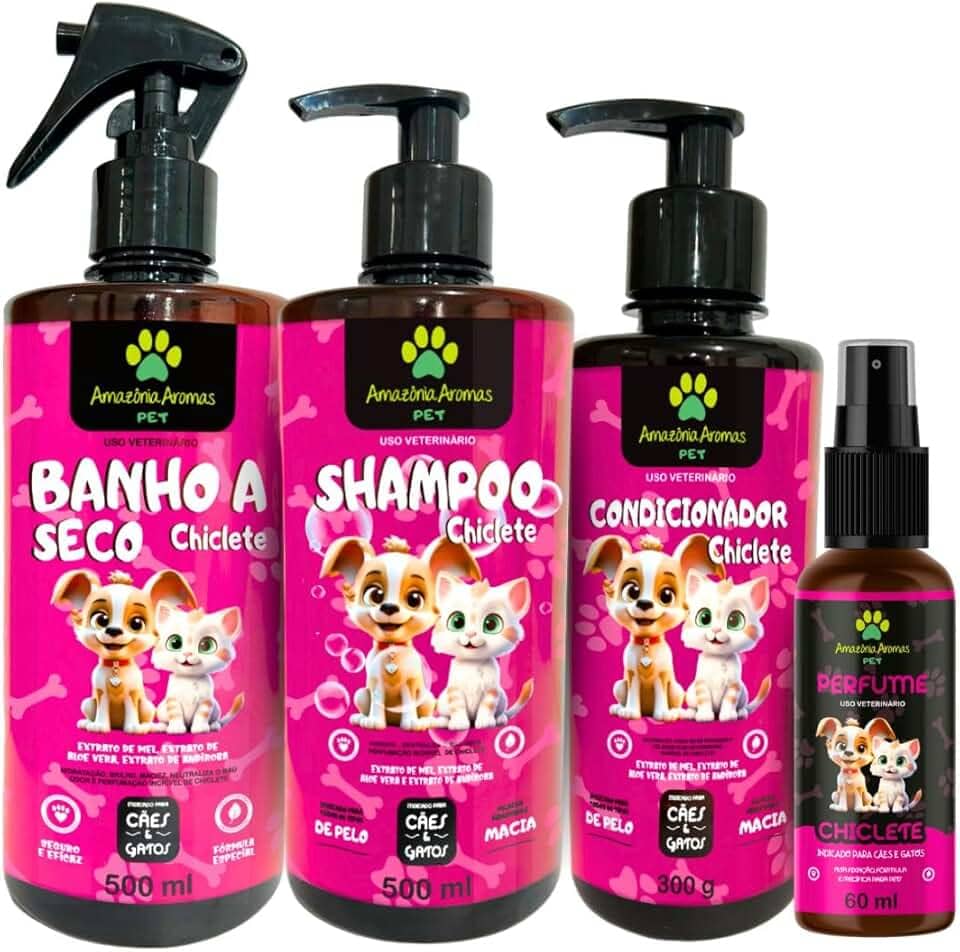 Kit Completo Banho Para Pet Chiclete - Shampoo + Condicionador + Banho a Seco + Perfume
