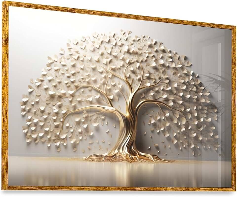 Quadro Árvore da Vida Branco Dourado Vidro 63x43cm Moldura Dourada Exclusiva Art Parede
