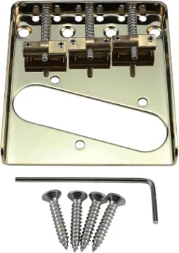 OVSAL Ponte de guitarra fixa vintage com placa de base de aço de 3 selas compensada de latão 10,8 mm compatível com peças de reposição para guitarra elétrica estilo Telecaster Tele vintage Glod