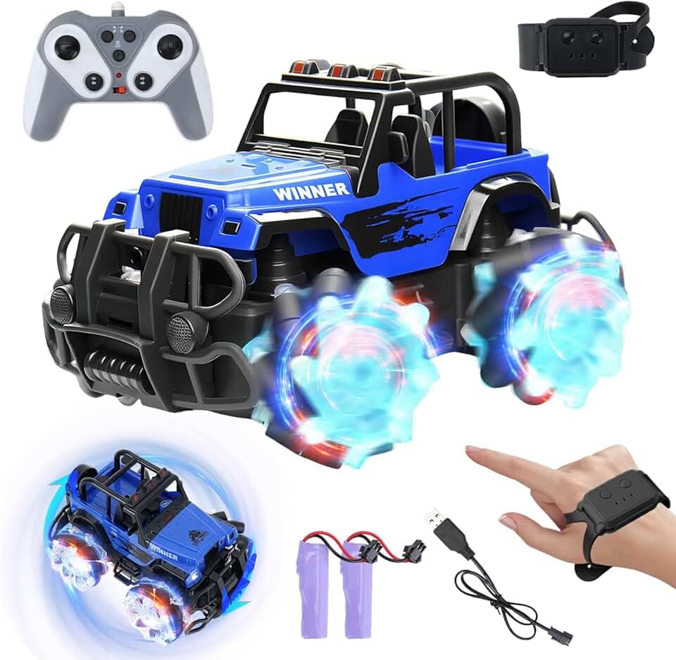 Carrinho de Controle Remoto para Crianças, Carro RC com Luzes LED e Efeitos Sonoros, Acrobacias Off-road de 2,4 GHz RC, Recarregável, presente para meninos de 3 a 12 anos Brinquedo para Crianças azul