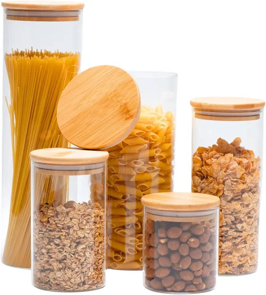 Potes Herméticos de Vidro com Tampa Bambu Porta Mantimentos Transparente Kit 5 Unidades