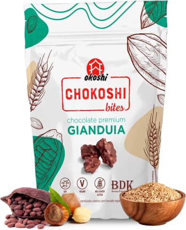 OKOSHI - Chokoshi Bites Gianduia - Arroz Caramelizado com Cacau e Avelã, Snacks Saudáveis de Baixa Caloria, Lanches Fit para a Dieta - Vegano, Sem Glúten, Sem Lactose, Sem Gordura Trans, Kosher - 50g